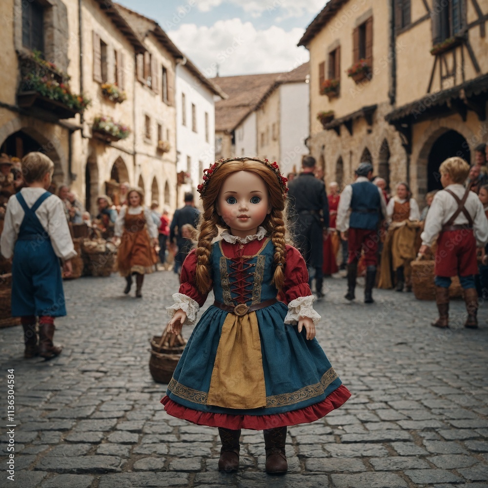 A cute doll walking through a medieval town square during a festival. A cute doll walking through a medieval town square during a festival.
