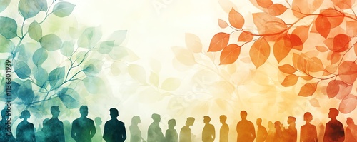 An abstract, softcolored illustration of people from diverse backgrounds connected in a community, with leaves representing networking, teamwork, and social collaboration photo