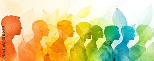 An abstract, softcolored illustration of people from diverse backgrounds connected in a community, with leaves representing networking, teamwork, and social collaboration photo