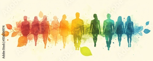 An abstract, softcolored illustration of people from diverse backgrounds connected in a community, with leaves representing networking, teamwork, and social collaboration photo