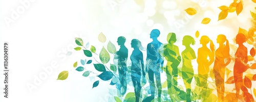 An abstract, softcolored illustration of people from diverse backgrounds connected in a community, with leaves representing networking, teamwork, and social collaboration photo