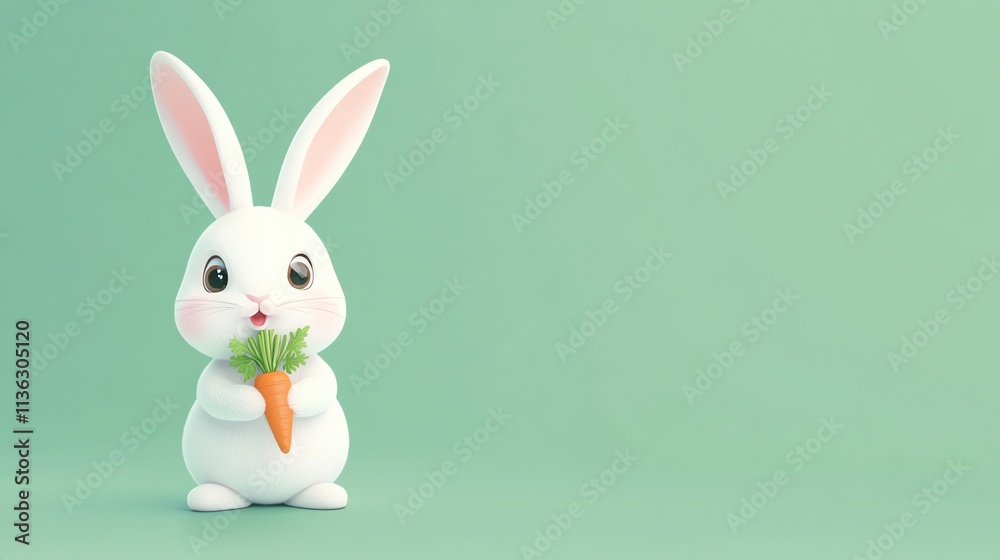 A cute cartoon bunny holding a carrot on a green background.