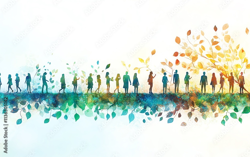 An illustration of a diverse group of people collaborating and connected in a community, with soft colors, abstract design, and leaves symbolizing teamwork and social interaction An illustration of a diverse group of people collaborating and connected in a community, with soft colors, abstract design, and leaves symbolizing teamwork and social interaction