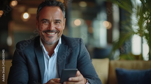 Smiling businessman with smartphone in modern office setting showcasing confidence and approachability, perfect for corporate lifestyle and professional themes