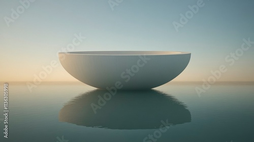 3D surrealism featuring a white cylinder podium floating above a vast ocean with an abstract minimal background conveying a sense of isolation, peace, and endless possibility.