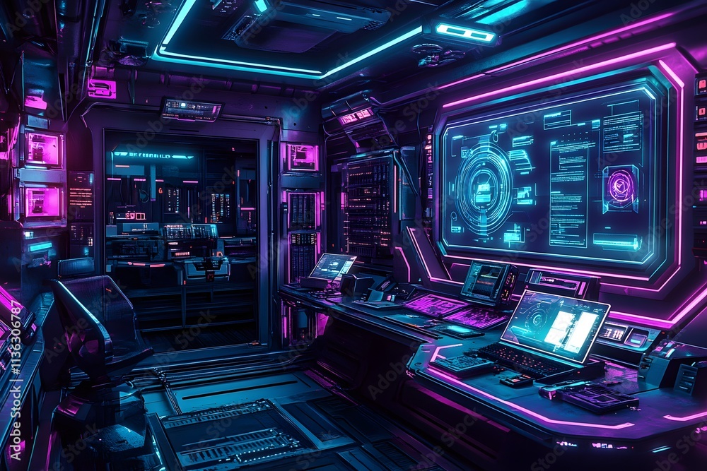 Fototapeta premium futuristic data center with neon blue glowing server room, sci-fi digital technology, network control, and holographic visualization