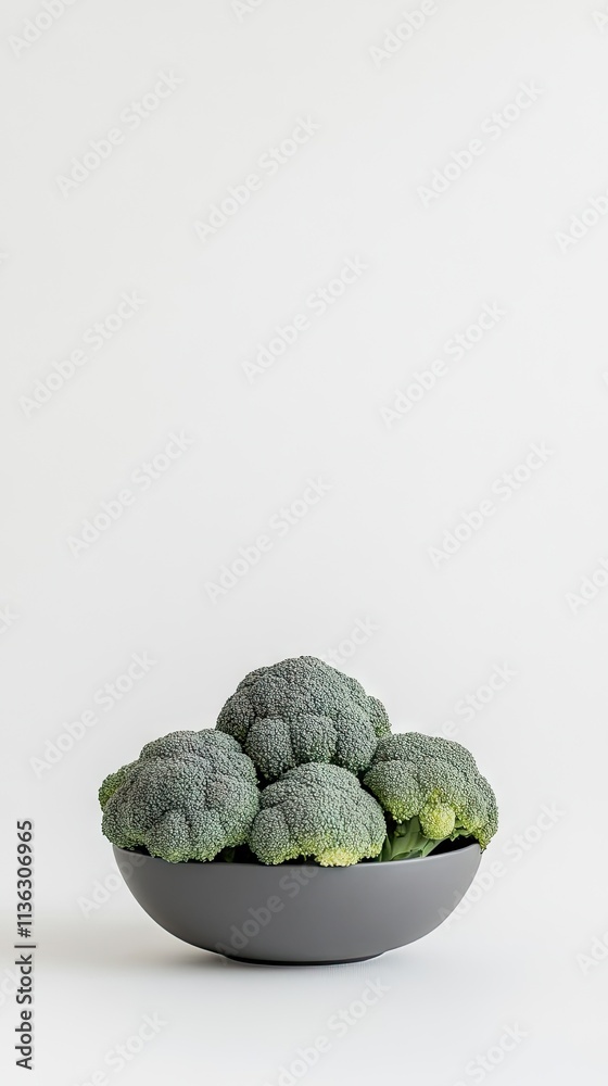 Fototapeta premium Fresh and vibrant broccoli displayed in a modern gray bowl against a minimalist white background for a stylish culinary presentation