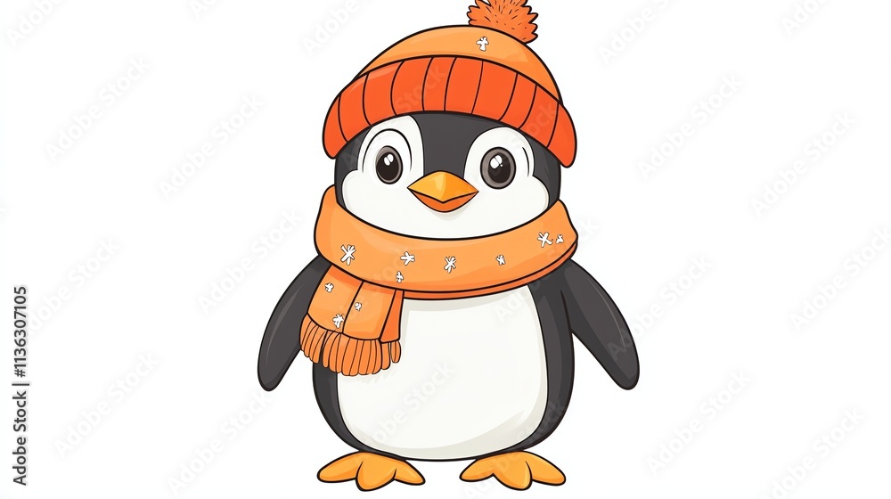 Obraz premium A cartoon penguin wearing a red hat and scarf.