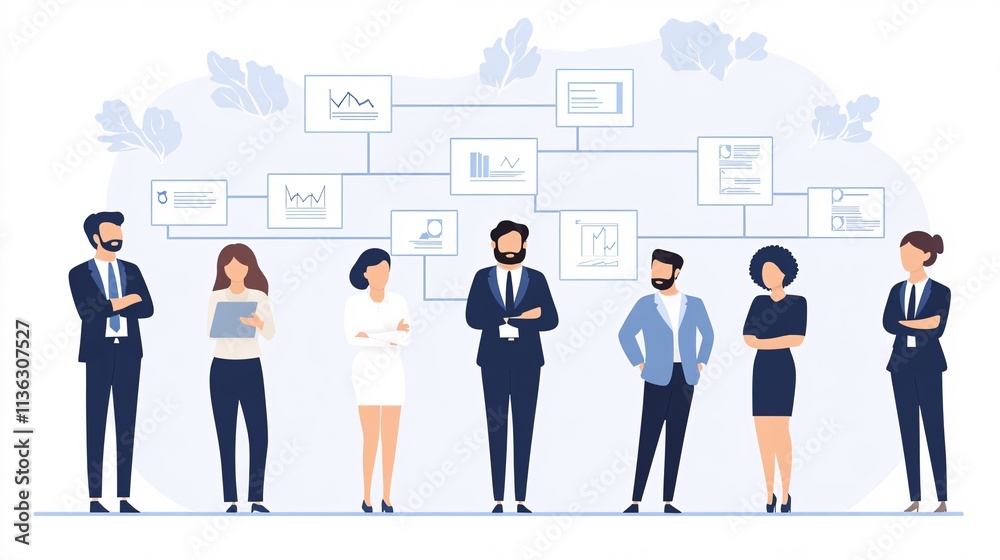 Business team analyzing charts and graphs representing company organization structure Business team analyzing charts and graphs representing company organization structure