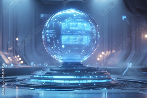 futuristic ai technology hub with glowing neon sphere, holographic digital interface, and advanced sci-fi concept in minimalistic setting