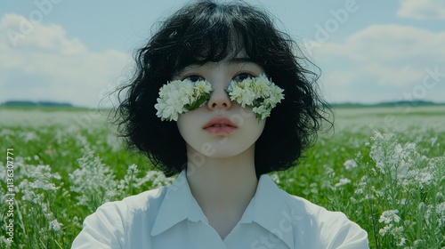 Surreal abstract portrait of a young woman with flowers on her face hiding her eyes. A modern collage symbolizing beauty, nature, and the hidden depths of human emotions.