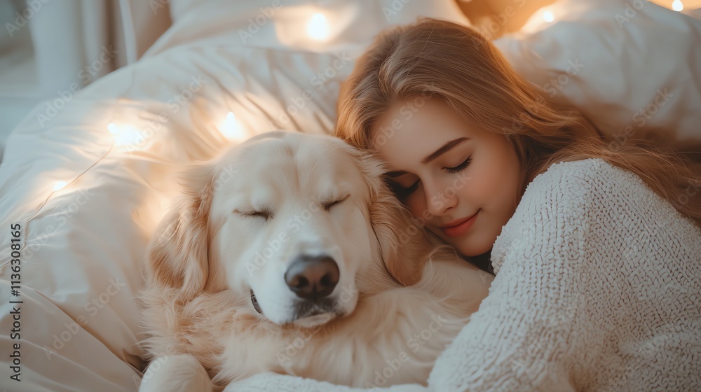 A young woman sleeps in bed with her dog. A young woman sleeps in bed with her dog.