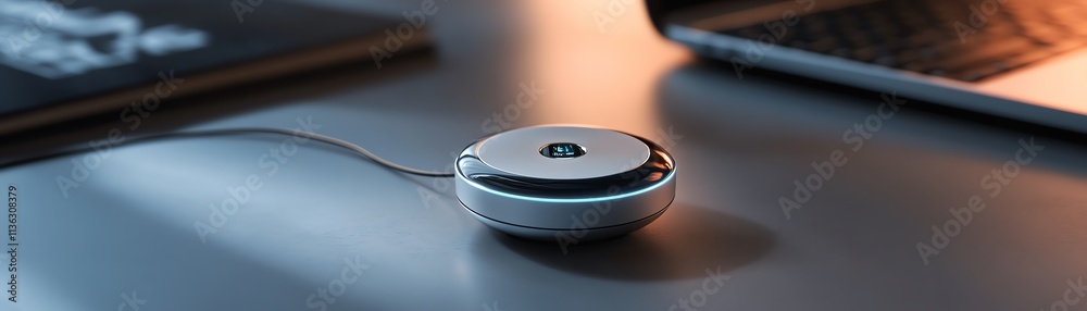 Modern speaker on a sleek desk setup. Modern speaker on a sleek desk setup.