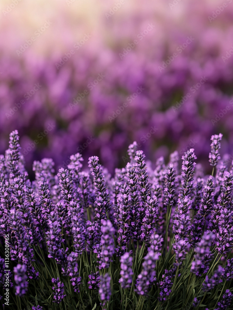 Naklejka premium Lavender fields bloom under soft sunlight in spring