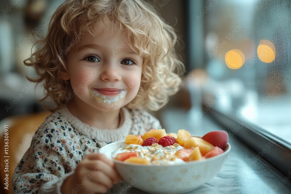 Child enjoys organic yogurt topped with fresh fruit while seated by a window Child enjoys organic yogurt topped with fresh fruit while seated by a window