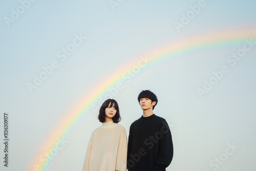 若いカップルと虹がかかった空, 横長サイズ
