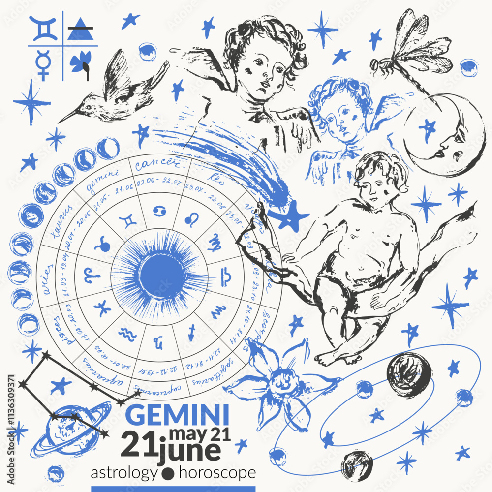 Fototapeta premium Hand drawn gemini zodiac sign illustration, horoscope background with astrology symbols and talismans.