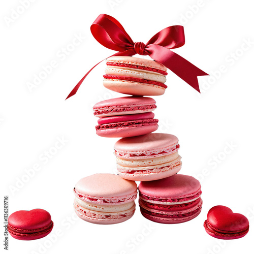 pink macarons stacked on top of each other with a red bow on top on a transparent background