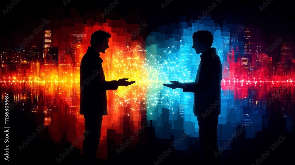 Robot and human hands meeting on a glowing big data network background. A representation of AI, machine learning, and the future of artificial intelligence technology. Robot and human hands meeting on a glowing big data network background. A representation of AI, machine learning, and the future of artificial intelligence technology.