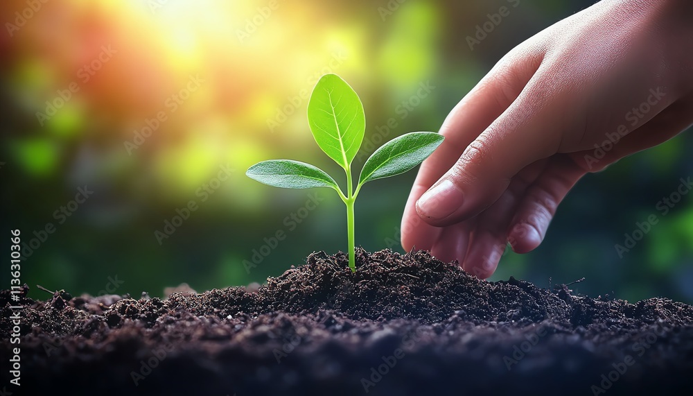 Closeup of a hand nurturing a small green plant in soil, with soft sunlight shining down, reflecting the concepts of growth and sustainability Closeup of a hand nurturing a small green plant in soil, with soft sunlight shining down, reflecting the concepts of growth and sustainability