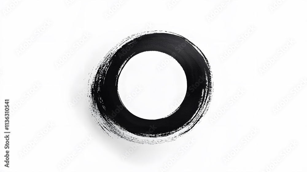 A minimalist black circle with brushstroke texture on a white background. A minimalist black circle with brushstroke texture on a white background.