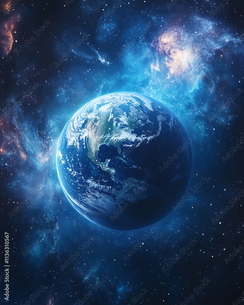 Obraz premium Earth in space, surrounded by swirling stars and a glowing galaxy, symbolizing the beauty of our planet and the grandeur of the universe