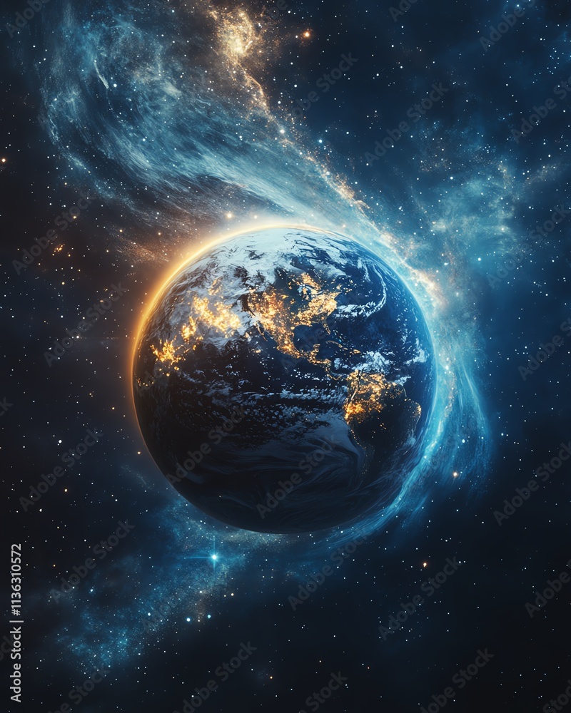 Fototapeta premium Earth in space, surrounded by swirling stars and a glowing galaxy, symbolizing the beauty of our planet and the grandeur of the universe