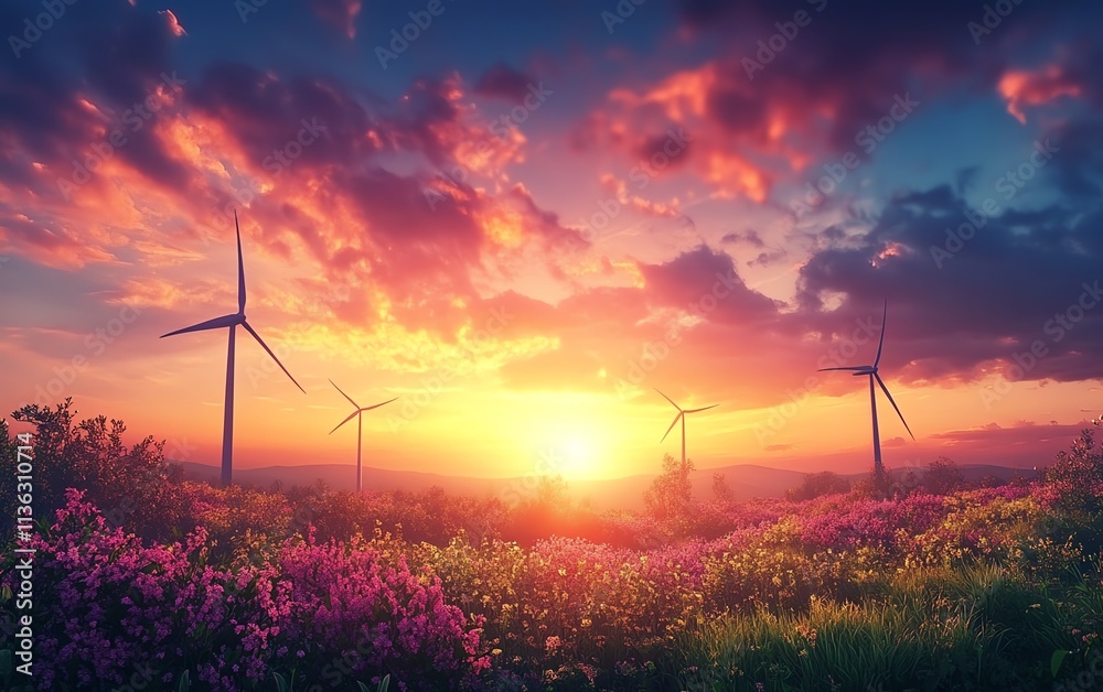 Obraz premium Serene landscape at sunset with wind turbines amidst lush greenery, set under a vibrant, colorful sky, symbolizing sustainable energy and harmony with nature