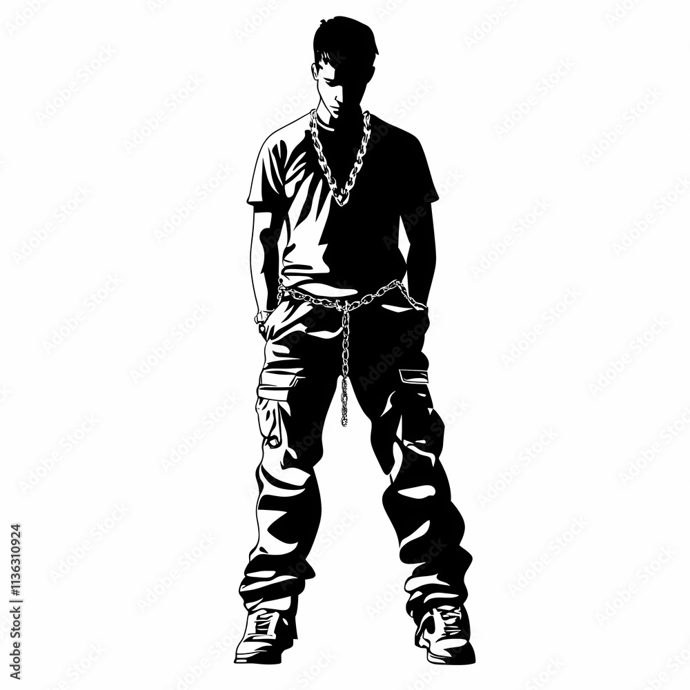 Standing man in casual attire with relaxed posture and chain Standing man in casual attire with relaxed posture and chain