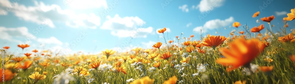 Fototapeta premium Solar panels installed in a bright, sunlit flower field, generating electricity and representing the blend of clean energy and nature