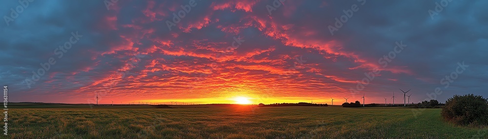 Tranquil sunset scene with wind turbines in a field of greenery, under a vivid and colorful sky, showcasing sustainable energy and the beauty of nature Tranquil sunset scene with wind turbines in a field of greenery, under a vivid and colorful sky, showcasing sustainable energy and the beauty of nature