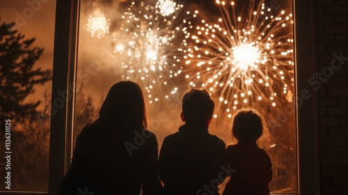 A family watching fireworks through a large frosted window