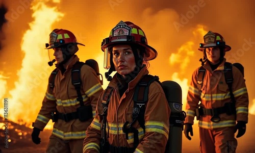 Heroes in protective workwear standing in dangerous flames photo