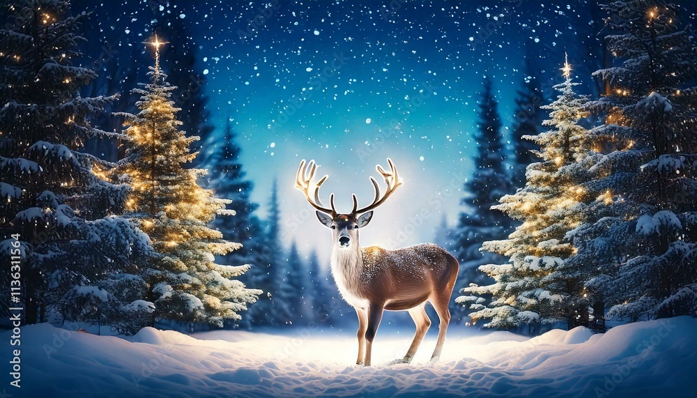 a reindeer in a snowy forest with Christmas trees with lights and snow