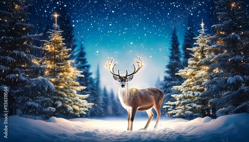 Obraz na płótnie a reindeer in a snowy forest with Christmas trees with lights and snow w salonie