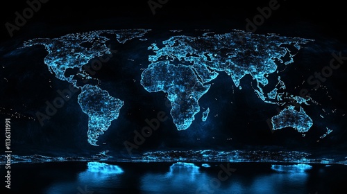 Planet earth glowing digital world map reflecting on water surface