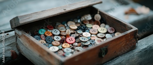 A wooden box overflowing with vintage buttons creates a nostalgic tableau, hinting at stories of craft and history.