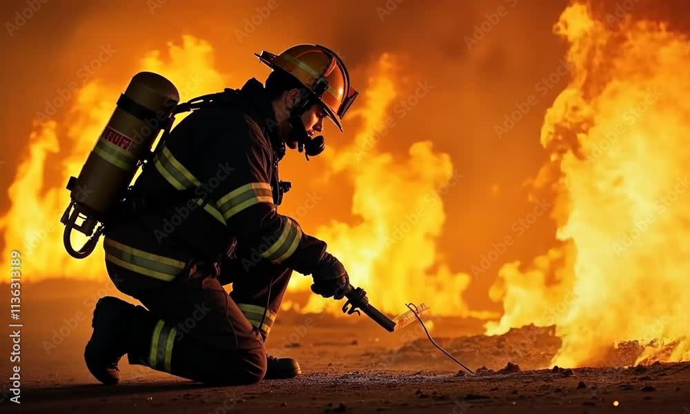 Heroes in protective workwear standing in dangerous flames Heroes in protective workwear standing in dangerous flames