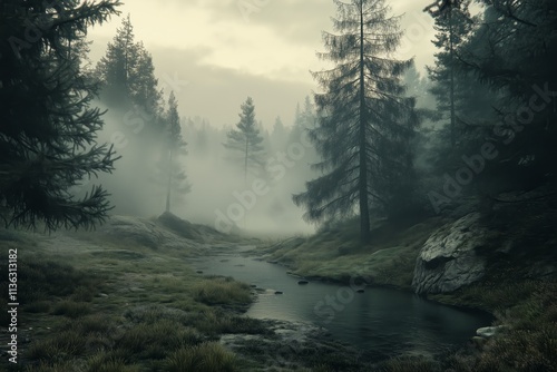 Misty scenery featuring a fir tree forest in a classic vintage aesthetic photo