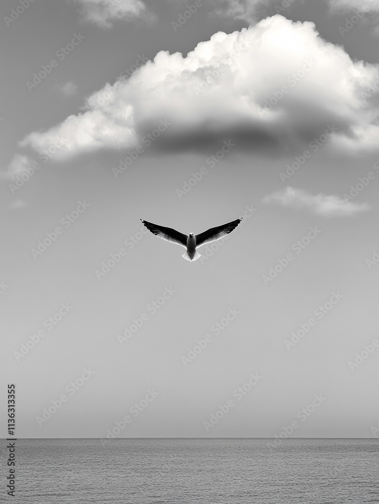 Naklejka premium Seagull gliding over calm ocean under cloudy sky