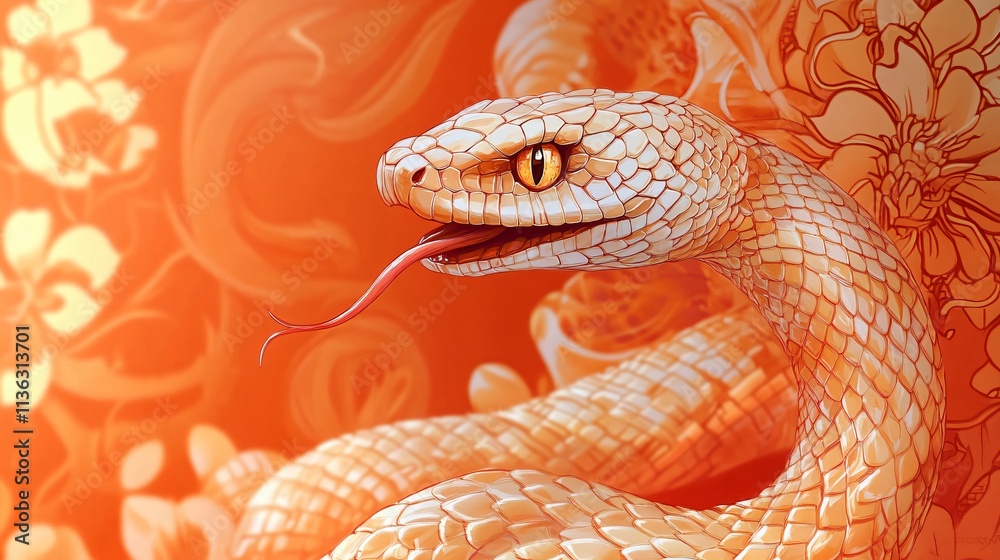A fierce, majestic snake with intricate scales and expressive eyes on a warm gradient background, ideal for Year of the Snake celebrations or wildlife-themed designs. A fierce, majestic snake with intricate scales and expressive eyes on a warm gradient background, ideal for Year of the Snake celebrations or wildlife-themed designs.