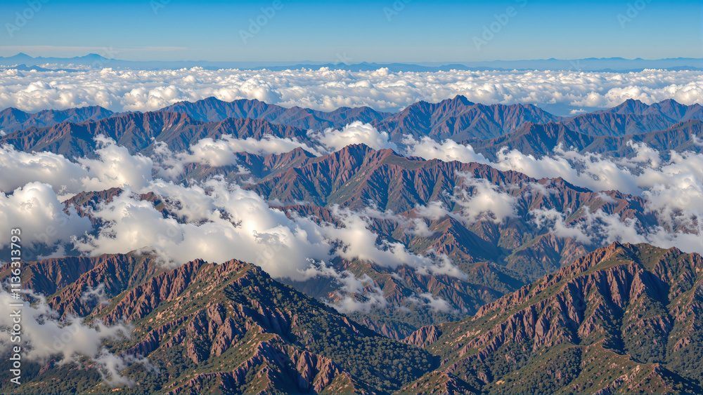 Fototapeta premium Breathtaking mountain landscape with clouds floating over peaks during a sunny day