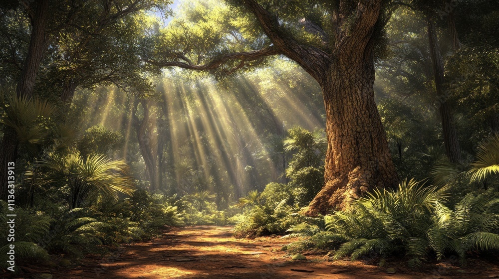 Sunbeams Illuminating Jungle Path Sunbeams Illuminating Jungle Path