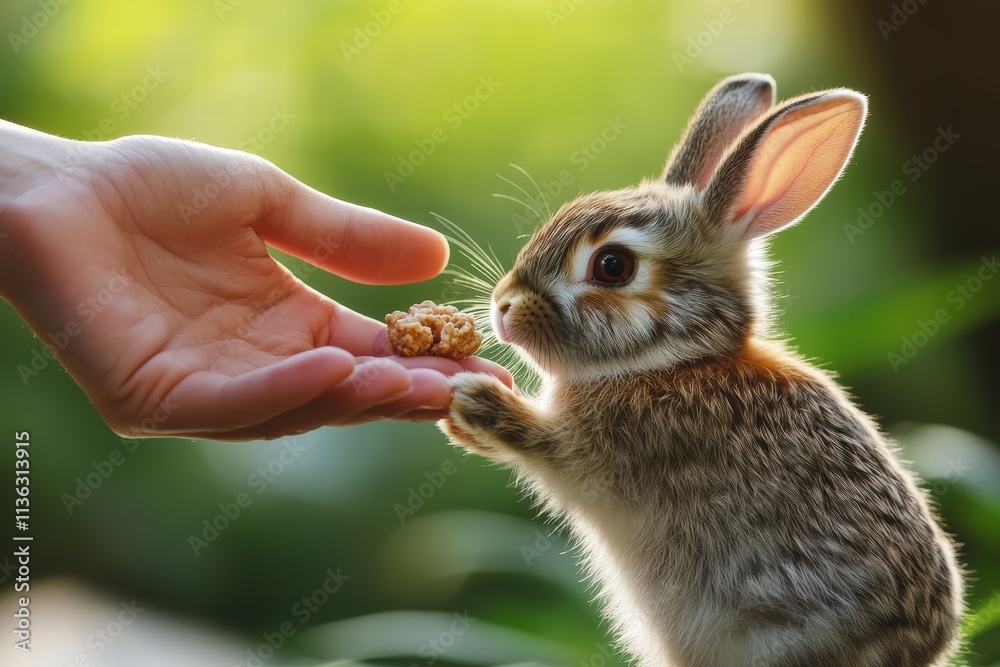 Treat are offered to a small rabbit by a hand in a natural outdoor setting Treat are offered to a small rabbit by a hand in a natural outdoor setting