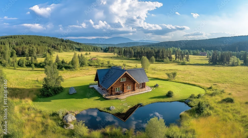 Aerial view of wooden log cabin surrounded by lush green trees, hilly area Aerial view of wooden log cabin surrounded by lush green trees, hilly area