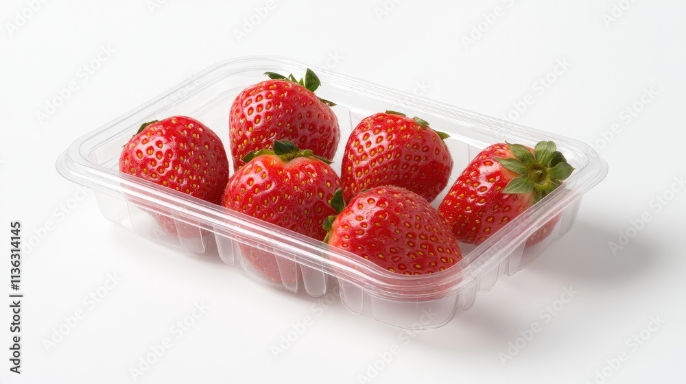 Ripe strawberries in a clear plastic box casting elegant shadows on a bright table Ripe strawberries in a clear plastic box casting elegant shadows on a bright table