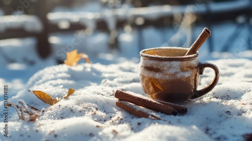 Hot cider with cinnamon sticks on a snow-covered table