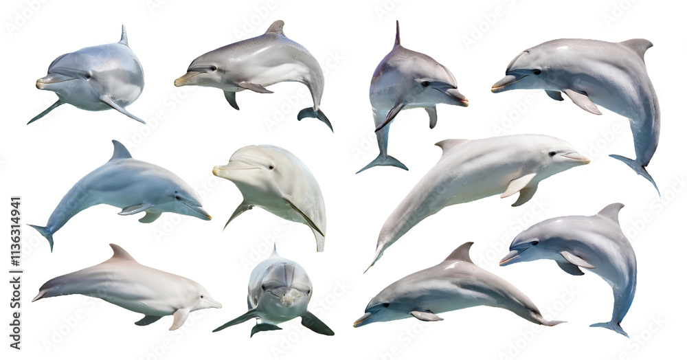 Naklejka premium Dolphins jumping and swimming in the ocean isolated on transparent background