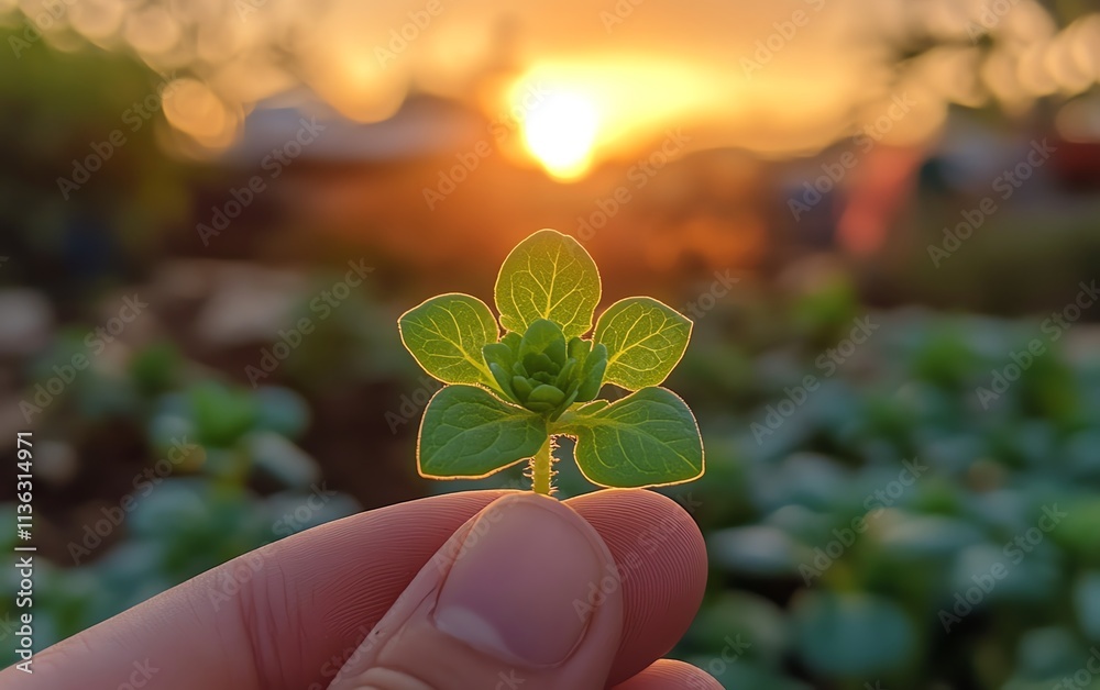 A vibrant green seedling held in a hand at sunrise, symbolizing growth, the beginning of life, nature, and sustainable gardening practices A vibrant green seedling held in a hand at sunrise, symbolizing growth, the beginning of life, nature, and sustainable gardening practices