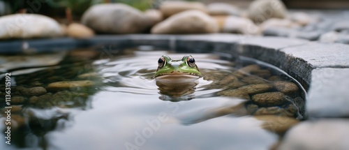 A curious frog peeks shyly from a tranquil pond, surrounded by smooth pebbles. photo